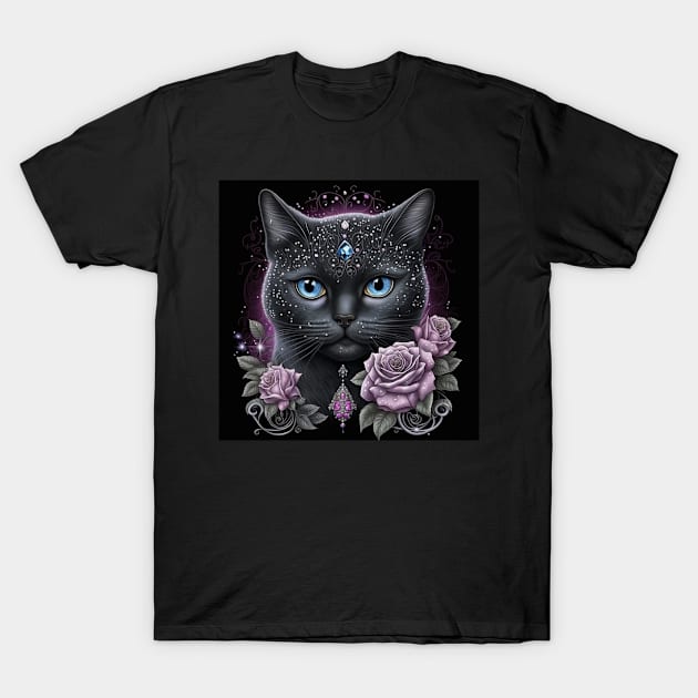 Crystal British Shorthair Black Cat T-Shirt by Enchanted Reverie